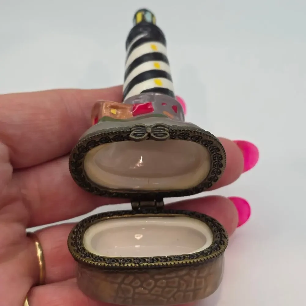 Lighthouse Trinket Box Black White Striped Hinged Ocean Sea Nautical Pill Jewelr